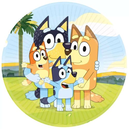 Talerzyki papierowe na przyjęcie Bluey, 23 cm, 8 sztuk w opakowaniu, z rodziną Bluey