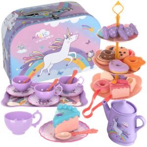 Kruzzel Magic Unicorn Teáskészlet tokkal, teáskannával, csészékkel és többszintes tortaállvánnyal - Kruzzel