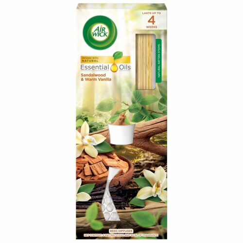 Air Wick Sandalwood & Warm Vanilla Reed Diffuser packaging, lasts up to 4 weeks