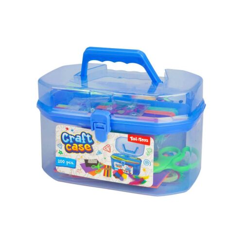 Toi-Toys Kézműves készlet, 200 darabos kék tárolódoboz kézműves kellékekkel, beleértve pomponokat, tollakat, kézműves pálcikákat, ollót és zsenília drótot - Toi-toys