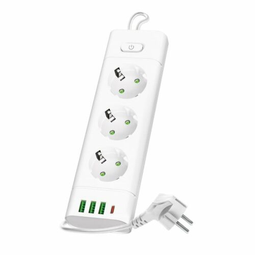 Kobi LINEA PRO XC elosztó USB-vel, 3 aljzat, 3 USB-A, 1 USB-C, 1,5m kábel, fehér 