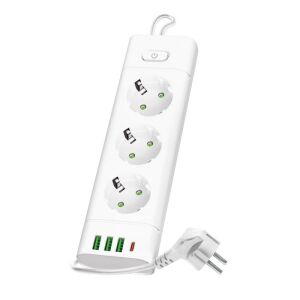Prelungitor Kobi LINEA PRO XC, cu intrerupator, 3 prize, 3m, 3xUSB A, 1xUSB-C, 3250W, alb 139966300 - Prelungitoare