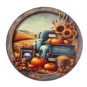 Nyomtatott fa tábla koszorú közép - Őszi táj kék teherautóval 14,8cm