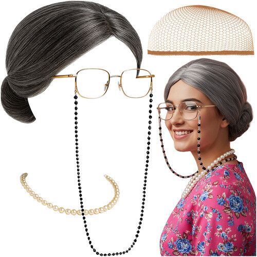 Ruhhy Oma Kostüm Set: Perücke, Mütze, Brille, Kette und Perlen