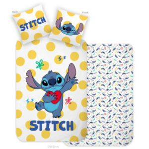 Set lenjerie de pat pentru copii Disney Lilo & Stitch cu buline. Include față de pernă și husă de pilotă. - Lenjerie de pat