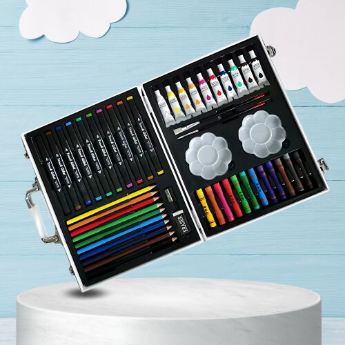 Nagy Gyermek Művészeti Készlet XXL nyitva zsírkrétákkal, filctollakkal, festékekkel és pasztellkrétákkal