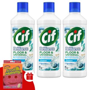 Cif Brillance Ocean Płyn do mycia podłóg i powierzchni uniwersalnych 3x1.1L z gąbką Scrub Mommy w prezencie - Ogólne środki czyszczące