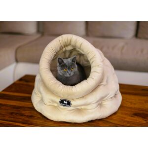 Béžová mačacia jaskyňa Get&Love so sivou mačkou vnútri - Pelechy pre mačky