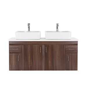 Dulap inferior Bianco 130 fără chiuvetă din lemn de nuc Aida cu blat alb 140198715 - Leziter Dulap de baie