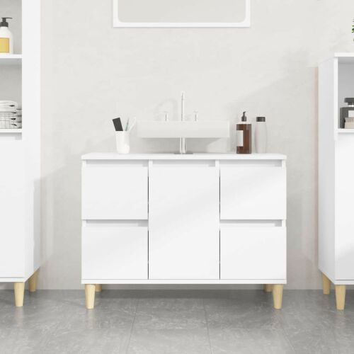 Fehér szerelt fa mosdószekrény fa lábakkal, modern design - Fürdőszoba szekrény
