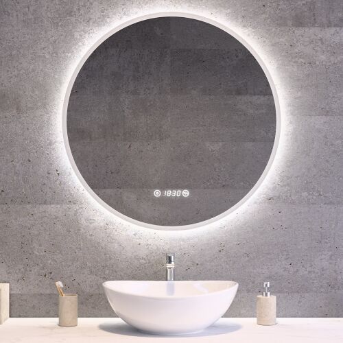 Welland Alpha LED világító fürdőszobai tükör mosdó felett egy modern fürdőszobában.