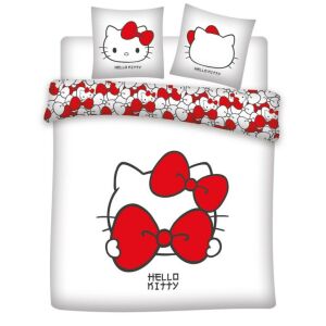 Lenjerie de pat dublă Hello Kitty cu fundă roșie 240x220cm - Design interior