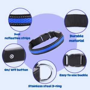 LED Hundehalsband Eigenschaften: reflektierende Streifen, strapazierfähiges Material, Ein-/Ausschalter, Edelstahl D-Ring, einfach zu bedienende Schnalle - Leinen für Kleintiere