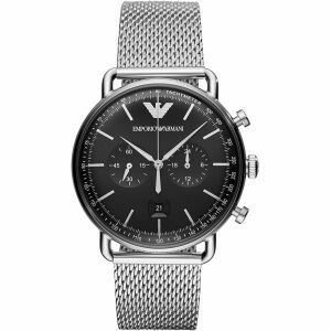 Emporio Armani AR11104 Herren Pilotenuhr mit schwarzem Zifferblatt und silbernem Mesh-Armband - Mode & Kleidung