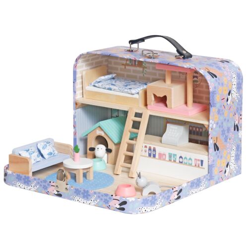 Pepita mini Babaház in suitcase, open, purple and brown dollhouse