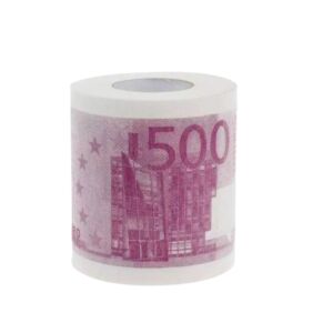 Vicces WC-papír, 500 eurós bankjegy mintájával nyomtatva, még több móka a fürdőszobában.