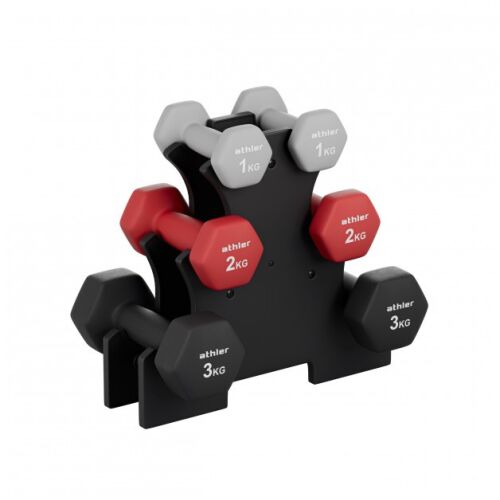Athler súlyzókészlet állványon, ferde nézet, 1kg, 2kg, 3kg súlyok