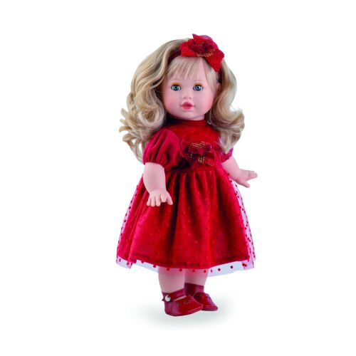 Marina&Pau Tina baba piros ünnepi ruhában, szőke hajjal