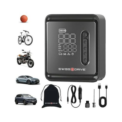 Compresor portabil Swiss Drive cu accesorii și exemple de utilizare.