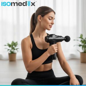 Isomedix masažni pištolj u upotrebi od strane žene za oporavak mišića - Iso Trade