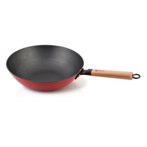 RODELUXE 30 cm piros öntöttvas wok fa fogantyúval