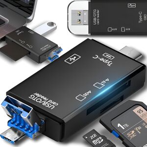 Teno® 5 az 1-ben kártyaolvasó, USB 2.0, 5 az 1-ben kártyaadapter, 3 port, USB-C, micro USB, SD kártya foglalat, nagy sebesség, védőburkolat, fekete színű 140371510 - Kártyaolvasó