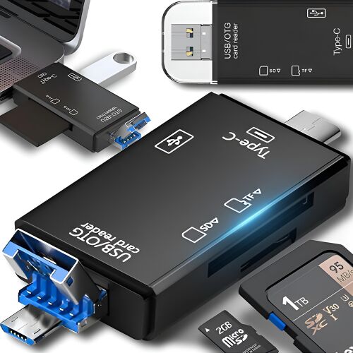 Teno® 5 az 1-ben kártyaolvasó, USB 2.0, 5 az 1-ben kártyaadapter, 3 port, USB-C, micro USB, SD kártya foglalat, nagy sebesség, védőburkolat, fekete színű 140371510