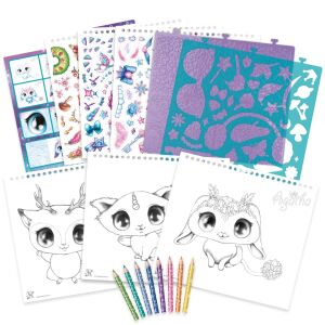 Kreatives Skizzenbuch, Animoulous Fever, Nebulous Stars – 30 Blätter, 8 Buntstifte, Aufkleber und Vorlagen