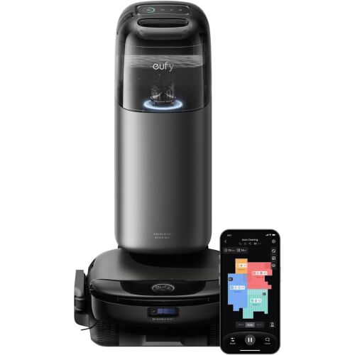 Robotický vysávač Eufy Omni S1 Pro so stanicou UniClean a aplikáciou pre smartfón zobrazujúcou mapu čistenia.