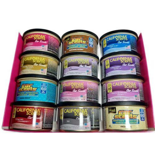California Scents autóillatosító 12 darabos MIX A csomag, válogatott illatokkal, beleértve a cseresznyét, vaníliát, új autót, tengeri szellőt, áfonyát, epret, jeget, kókuszt és tiszta mosást