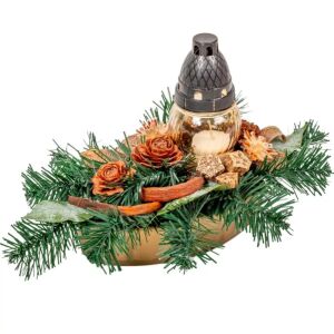 Kegyeleti sírdísz üvegmécsessel és szárazvirágokkal, hajó alakú - Kegyeleti dekoráció