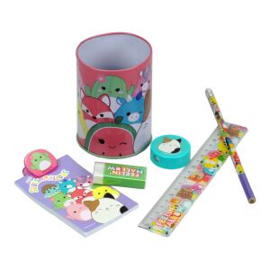 Squishmallows írószer szett, 7 darabos, vonalzó, ceruza, notesz, radír, faragó, ceruzatartó, csipesz - Írószer szett