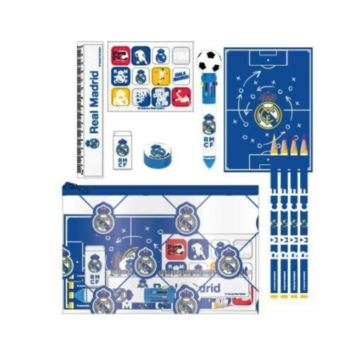 Real Madrid CF Írószer szett: Tolltartó, notesz, színes ceruzák, hegyező, radír, vonalzó, 10 színű toll, matricák