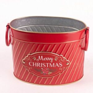 Merry Christmas piros fém ovális kaspó fülekkel, ünnepi dekoráció - Szezonális dekoráció