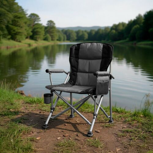 Scaun de pescuit Leziter Comfort Plus cu brațe și suport pentru pahar, gri, lângă lac