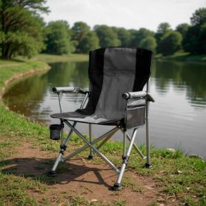 Рибарски стол Leziter Comfort с подлакътници и поставка за чаша, сив, край езерото - Риболов