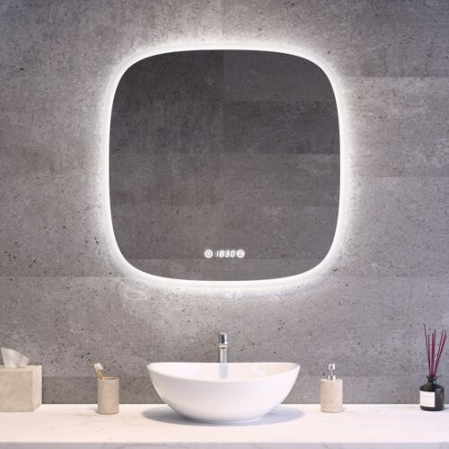 Különleges fürdőszobai design LED tükör 70x70cm Welland Sidan | Páramentesítő - Óra - Fényerő + színhőfok állítás 140988948