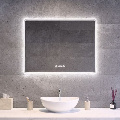 Fekvő fürdőszobai LED tükör 80x60cm | Páramentesítő - Óra - Fényerő és színhőmérséklet szabályozás | Welland Kath 140988957