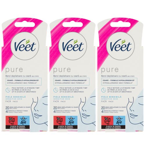 Veet Pure plastry do depilacji twarzy dla skóry wrażliwej, 3 opakowania po 20 plastrów