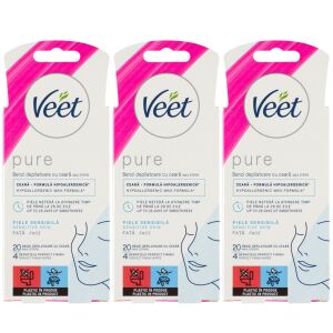 Veet Pure facial wax strips for sensitive skin, 3 packs of 20 strips - Veet