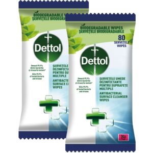 Dettol Antibakterielle Oberflächenreinigungstücher 2x80 Stück, tötet 99,9 % der Bakterien und Viren ab - Haushaltstücher