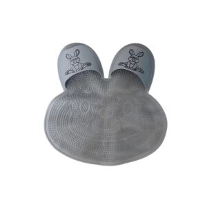 Zuhanyzószőnyeg, lábmasszírozáshoz és -tisztításhoz, nyuszi alakú, szilikonból, méretei 45x45 cm, szürke