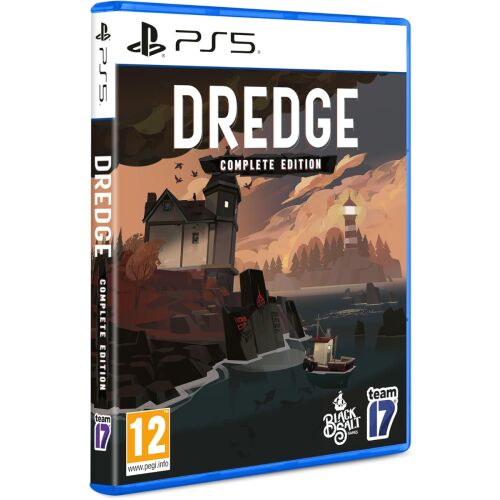 DREDGE Complete Edition PlayStation 5-re. A doboz grafikáján egy halászhajó látható egy világítótorony közelében. - Konzol játék