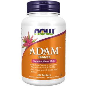 NOW ADAM Multivitamine pentru bărbați 60 tablete, Superior Men's Multi cu Saw Palmetto, Licopen, Acid Alfa Lipoic & CoQ10, Resveratrol & Extract din semințe de struguri - Supliment alimentar