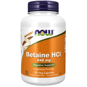 NOW Foods Betaine HCL 648mg, 120 Kapsułek wegańskich na wsparcie trawienia - Suplement diety