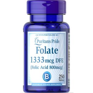 Puritan's Pride Folate 1333 mcg DFE (Фолиева киселина 800mcg) 250 таблетки - Вегетарианска витаминна добавка - Хранителна добавка