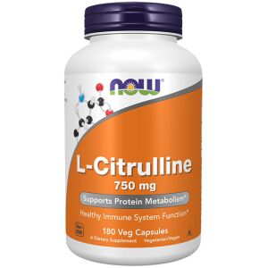 NOW Foods L-Citrulline 750mg, 180 вегетариански капсули, подпомага протеиновия метаболизъм и здравата функция на имунната система - Хранителна добавка