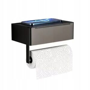 Nowoczesny czarny uchwyt na papier toaletowy z półką na telefon - Uchwyt i stojak na papier toaletowy