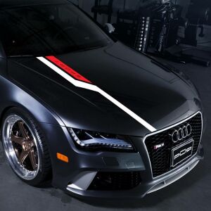 Selbstklebendes Tuning-Aufkleber-Set in zwei Farben, Modell „Hood Stripes V3“, Größe 130 x 10 cm, Farbe Rot + Schwarz 141192339 - Autoaufkleber