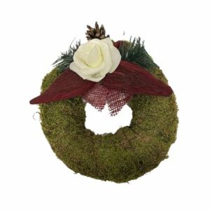 15cm-es Mohakoszorú fehér rózsával és fenyőtoboz díszítéssel - Kegyeleti dekoráció